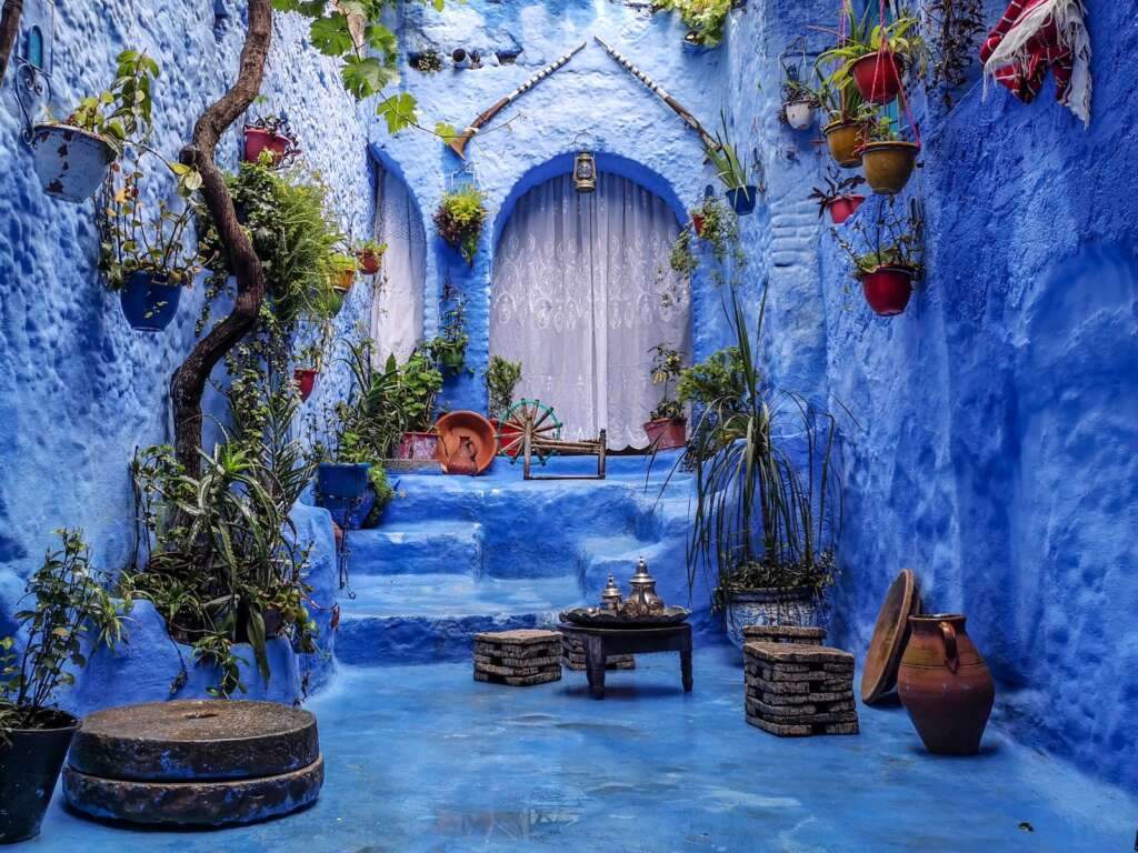 a blue alley with potted plants and a bench, Morocco