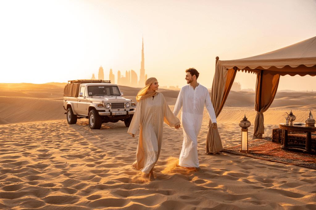 A photograph of a couple strolling hand-in-hand across golden sand dunes at sunset near Dubai, bathed in the warm light of the setting sun. The woman wears a flowing cream-colored abaya and a delicate gold headscarf, while the man is dressed in a crisp white dishdasha, their faces reflecting contentment and wonder. A vintage 4x4 Land Cruiser is parked nearby, casting a long shadow as it faces a luxurious private tented setup adorned with ornate lanterns and plush Persian carpets, with the iconic Burj Khalifa faintly visible on the distant horizon. The scene is illuminated by the rich orange hues of the sunset, creating a sense of tranquility and opulence.