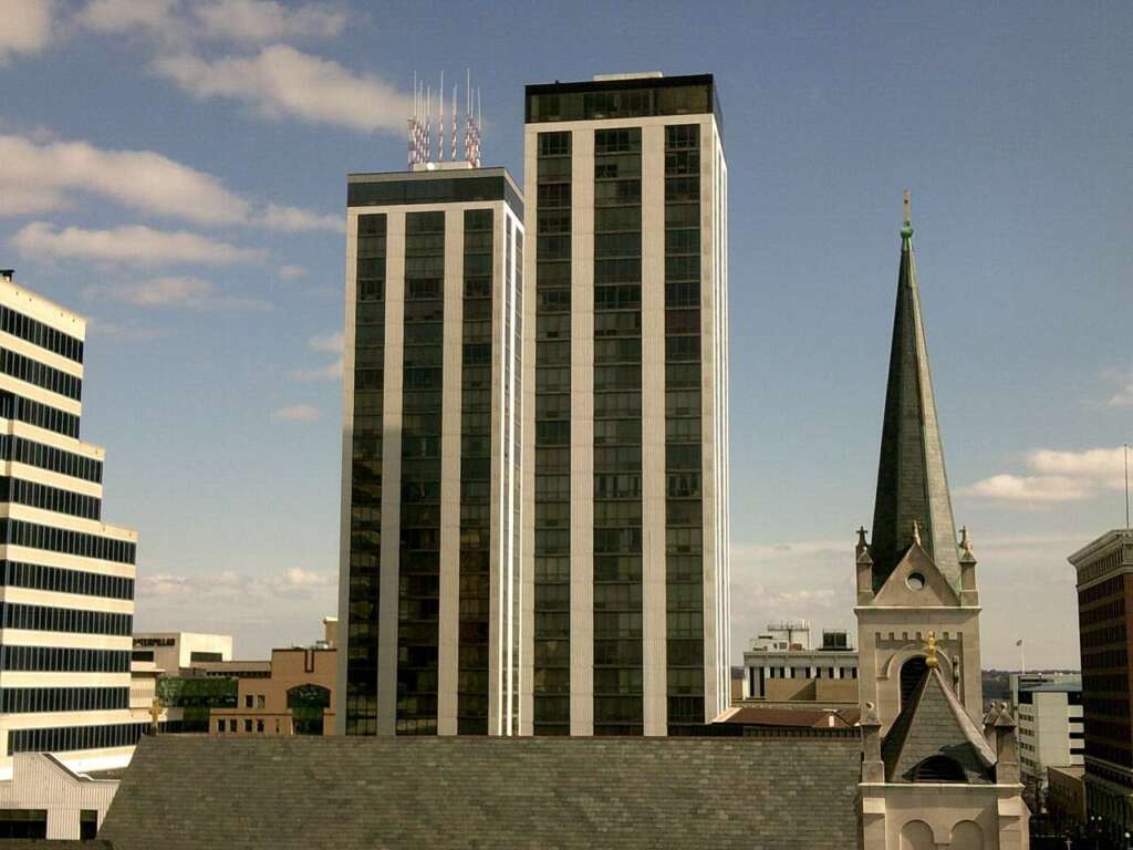 This is the downtown of Peoria Illinois the beautiful big buildings under the blue sky is looking attractive