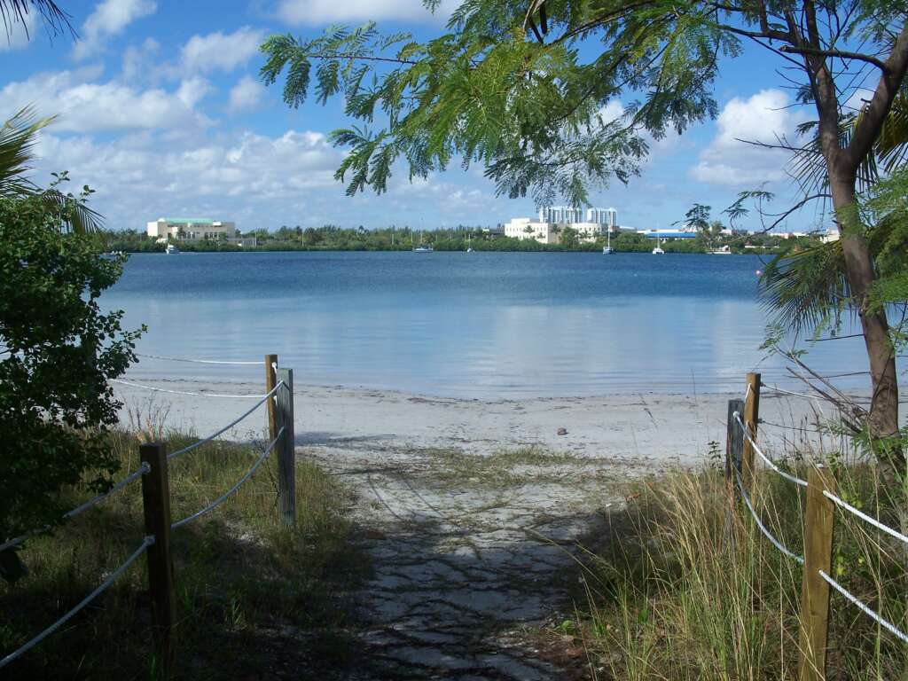 The sandy Oleta RIver State Park Beach in front of lake under the blue sky is looking beautiful