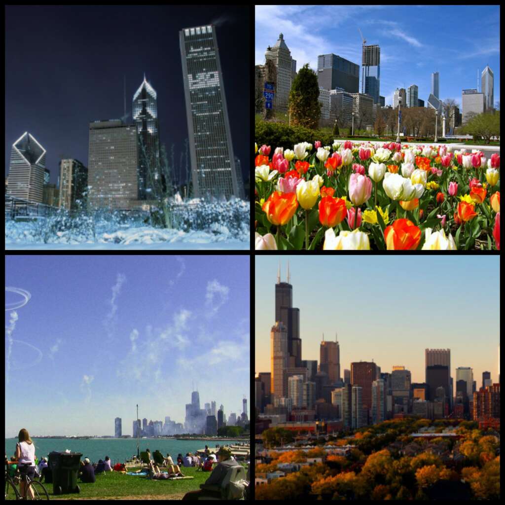 The 4 seasons in Chicago is describe in the picture, which consist of different beautiful views.