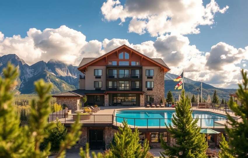 A scenic Canmore hotel with an outdoor pool, wooden architecture, and stunning mountain views. A great option for those looking for Cheap Canmore Hotels with Pool.