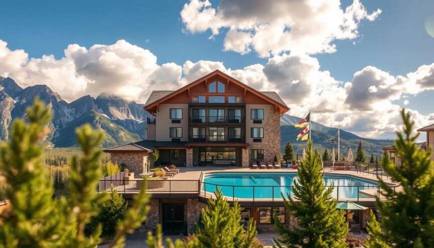 A scenic Canmore hotel with an outdoor pool, wooden architecture, and stunning mountain views. A great option for those looking for Cheap Canmore Hotels with Pool.