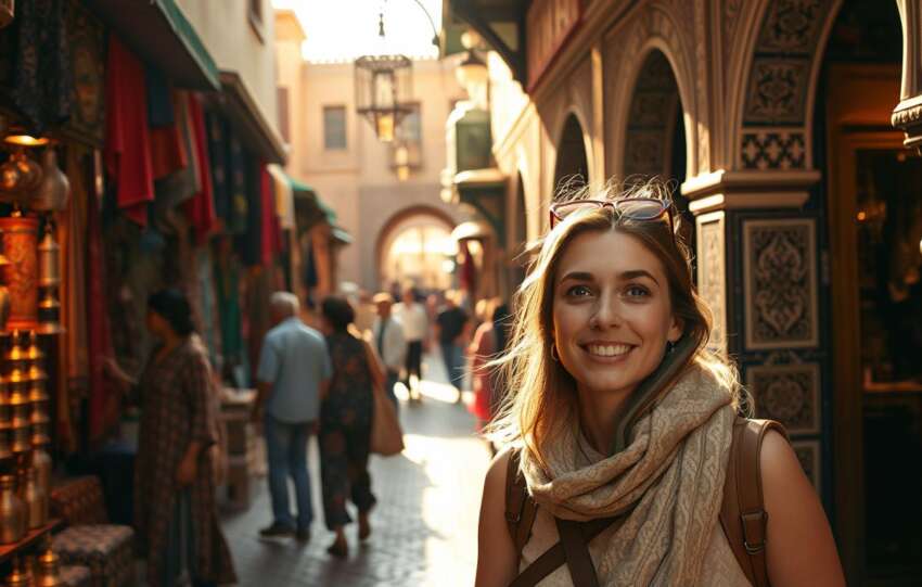 A smiling female traveler walks through a traditional Marrakech souk, surrounded by colorful textiles, handcrafted lanterns, and bustling market stalls. She wears a scarf and sunglasses, blending comfort with cultural respect.