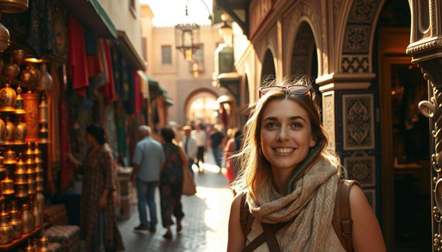 A smiling female traveler walks through a traditional Marrakech souk, surrounded by colorful textiles, handcrafted lanterns, and bustling market stalls. She wears a scarf and sunglasses, blending comfort with cultural respect.