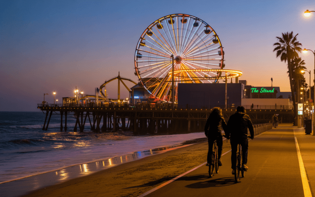 Santa Monica Beach with Ferris wheel, pier, and cyclists at sunset.